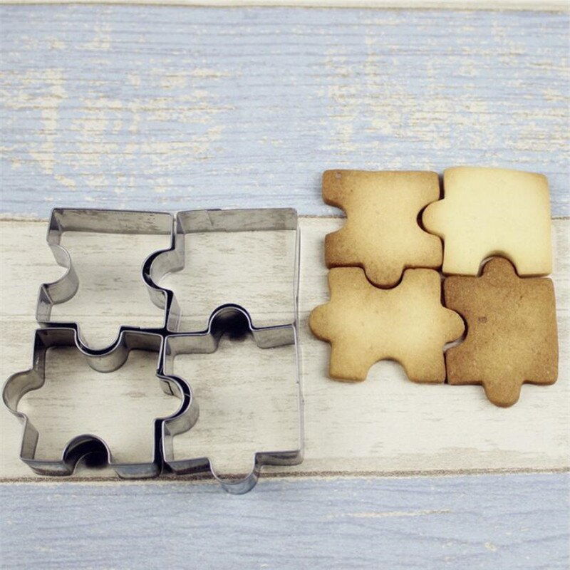 4pcs/lot Stainless Steel Cookie Cutter Mold Fondant Puzzle Piece Biscuit Stamp Silver Cookie Vegetable Fruit Pattern Cutter