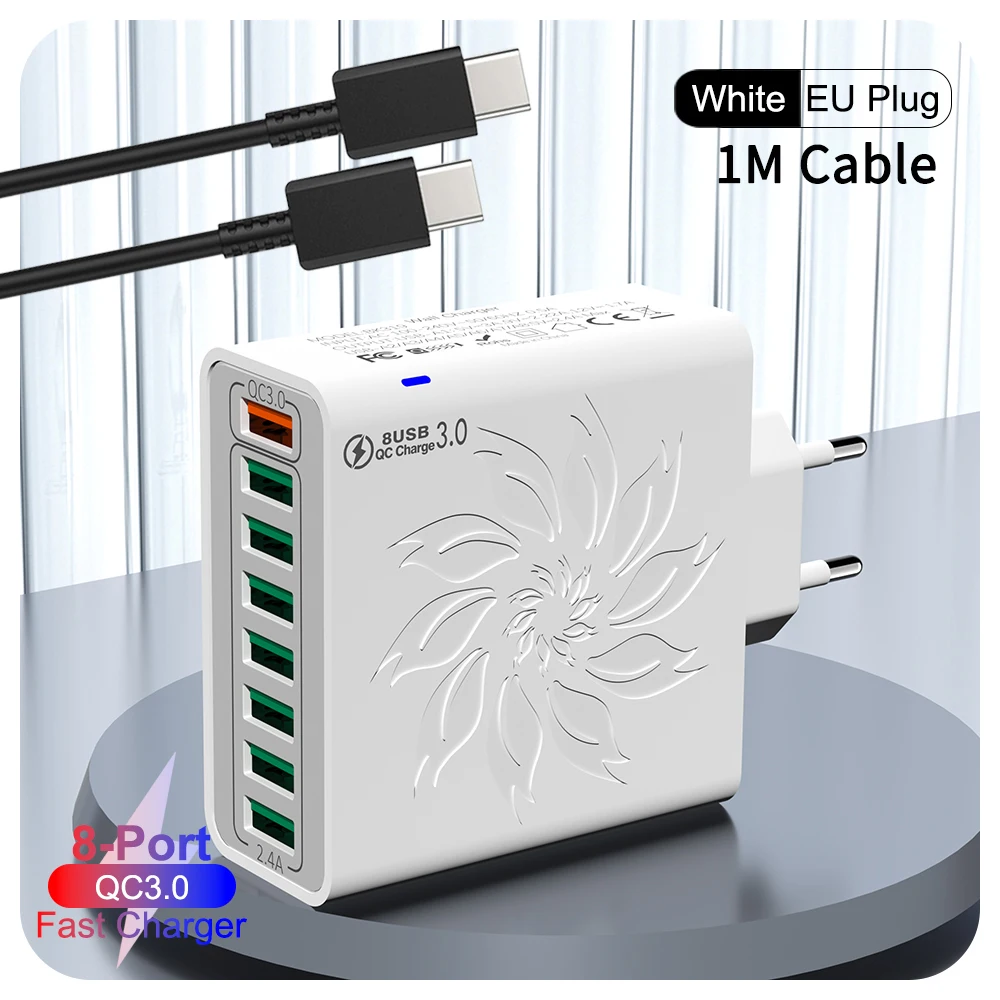 65W Huishoudelijke 8 Poorten USB-oplader met datakabel voor meerdere apparaten USB Snel opladen Muuradapter Quick Charge 3.0 Oplader: Goud