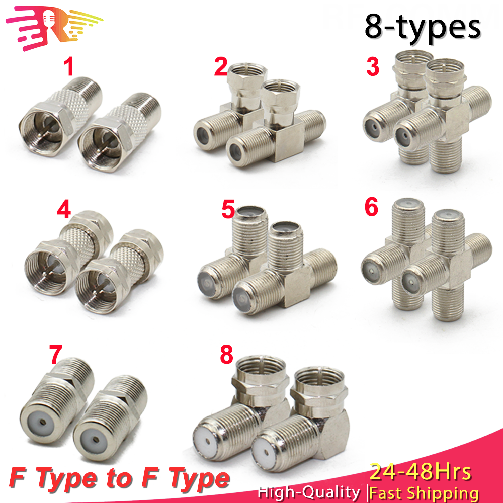 F tv aérea f macho fêmea adaptador ângulo reto rf conector coaxial 3way tipo t divisor cabo antena f combinação
