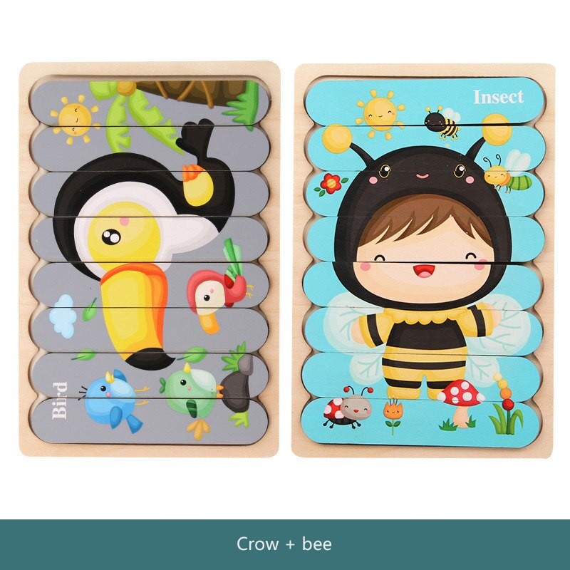 Children Cartoon Puzzle Baby Wooden Double-sided Jigsaw 3D Storytelling Stacking Puzzle Kid Educational Learning Toys: H