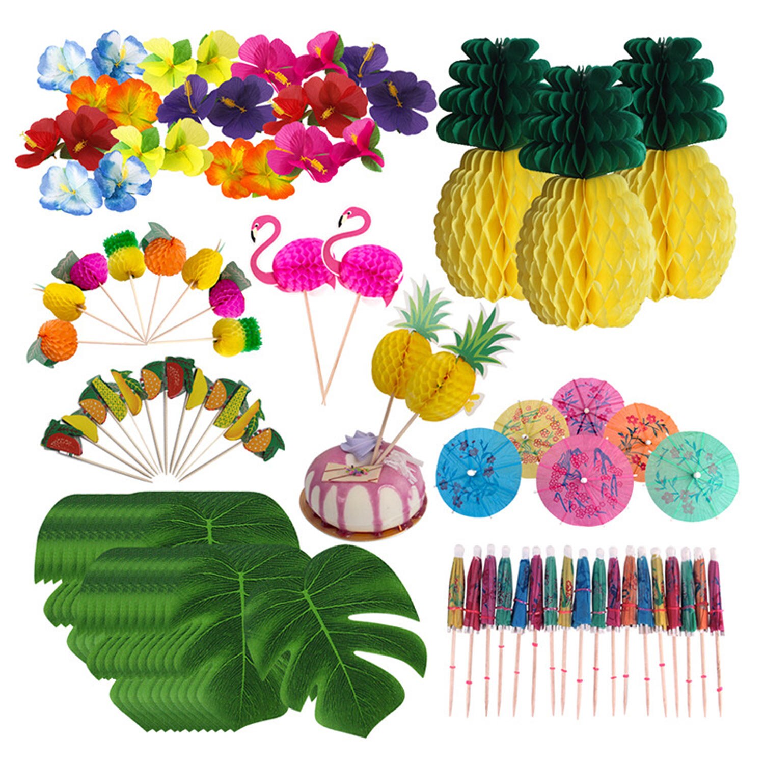 Lustige tropisch hawaiisch Party Dekoration Bausatz mit Seide Hibiskus Blumen Palme Blätter Ananas Mini Regenschirm Cupcake Deckel: E (99stck)