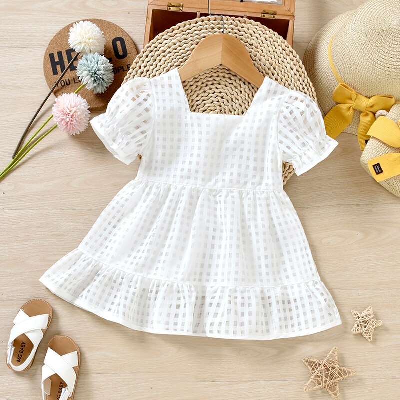 Toddler Baby Girl Mini Dress Short Sleeve Square Neck Solid Hollowed Summer Princess Party Dress Infant Baptism Dress Gown: white / 3 Years
