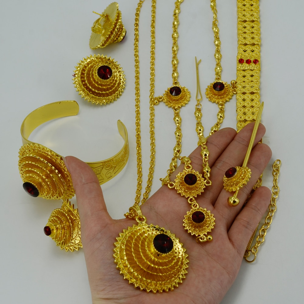 Anniyo-ensembles de bijoux éthiopiens, collier, Chokers, collier/chaîne frontale, boucles d'oreilles, bracelet, épingle à cheveux, anneau, Habesha, de mariage #028706
