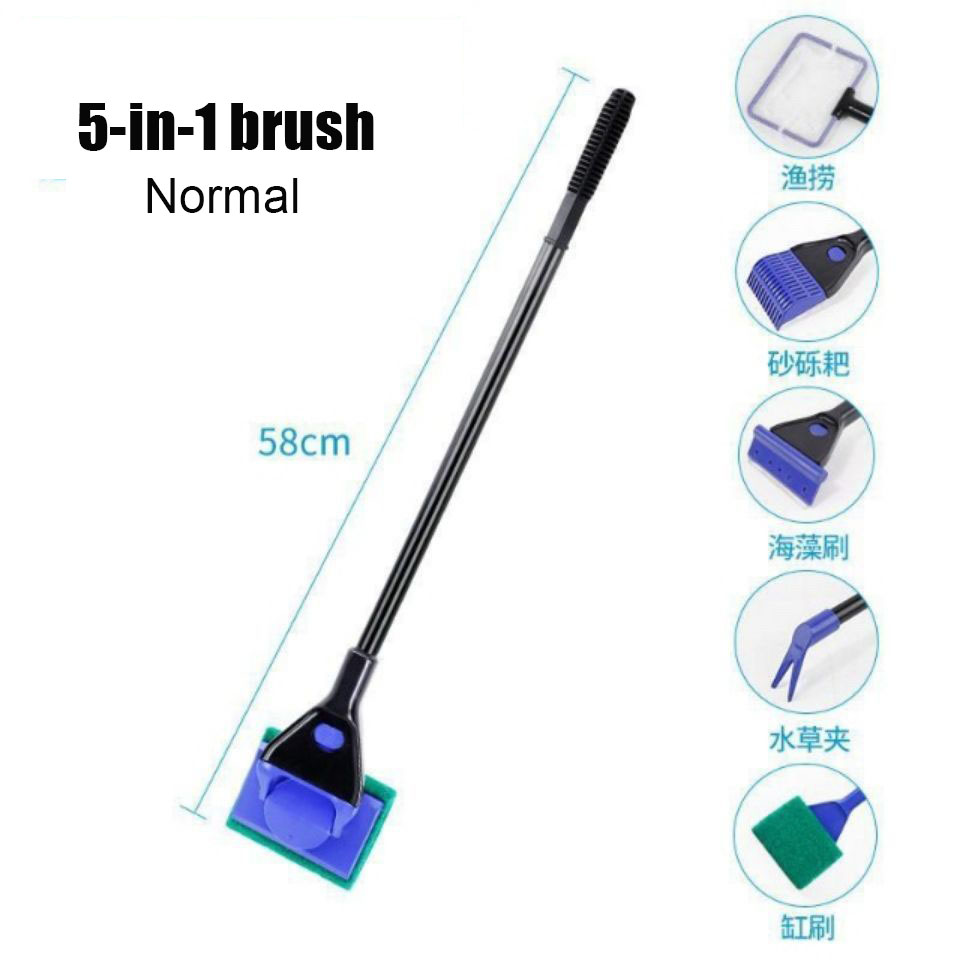 5-IN-1 Aquarium Cleaning Tools Fish Tank Cleaning Set Fish Net Gravel Rake Algae Scraper Fork Sponge Brush Glass Cleaner: 5in1 brush normal