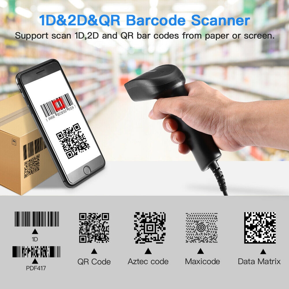 Bluetooth Draadloze Barcode Scanner En Bedrade 1D/2D Qr Bar Code Reader PDF417 Scanner Voor Mobiele Betaling Industrie