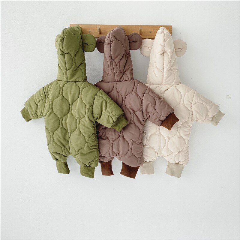 Vinter baby drenge og piger varme quiltede søde bjørne lange ærmer bukser 0-2 år spædbørn børn tyk lynlås hætte jumpsuits