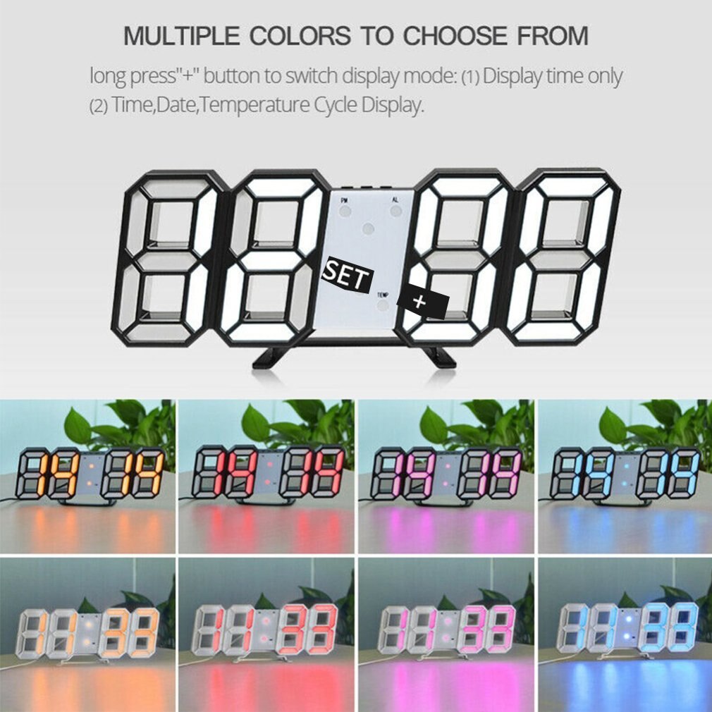 3D LED Digital Wall Clock 24/12 Hour Display Timer Alarm Colorful LED Living Room Bedroom Wall Clock Electronic Snooze Calendar