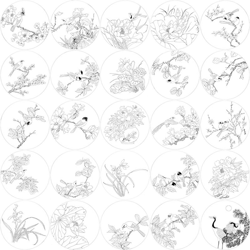 Meticulous Painting Round Fan Line Draft Beginner Line Drawing Print Manuscript Paper Traditional Chinese Painting Flower Bird
