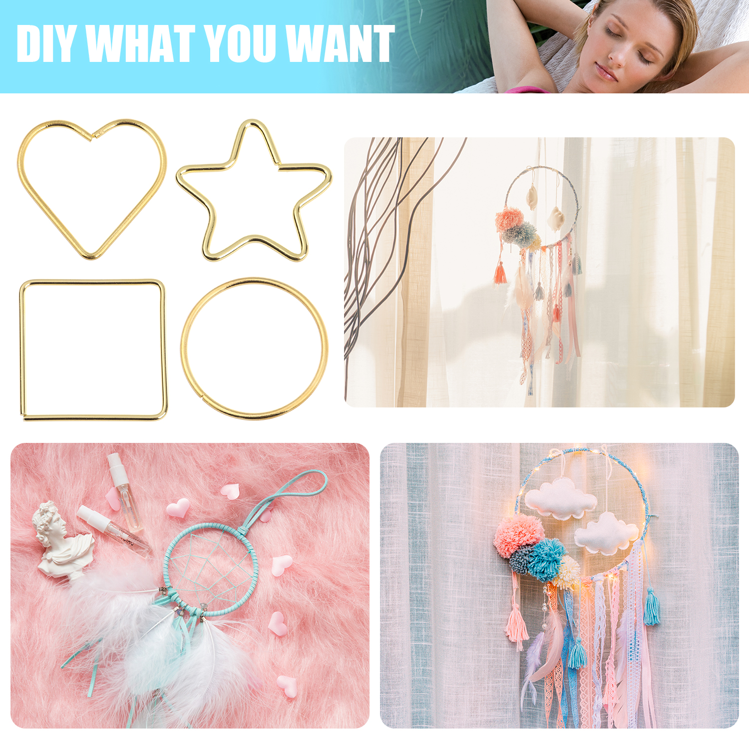 4Pcs 2/4/6/8 Inches Dream Catcher Metal Hoops Star Moon Round Square Love Heart Shaped Hoops Gold Hanging Macrame Wreath Decor