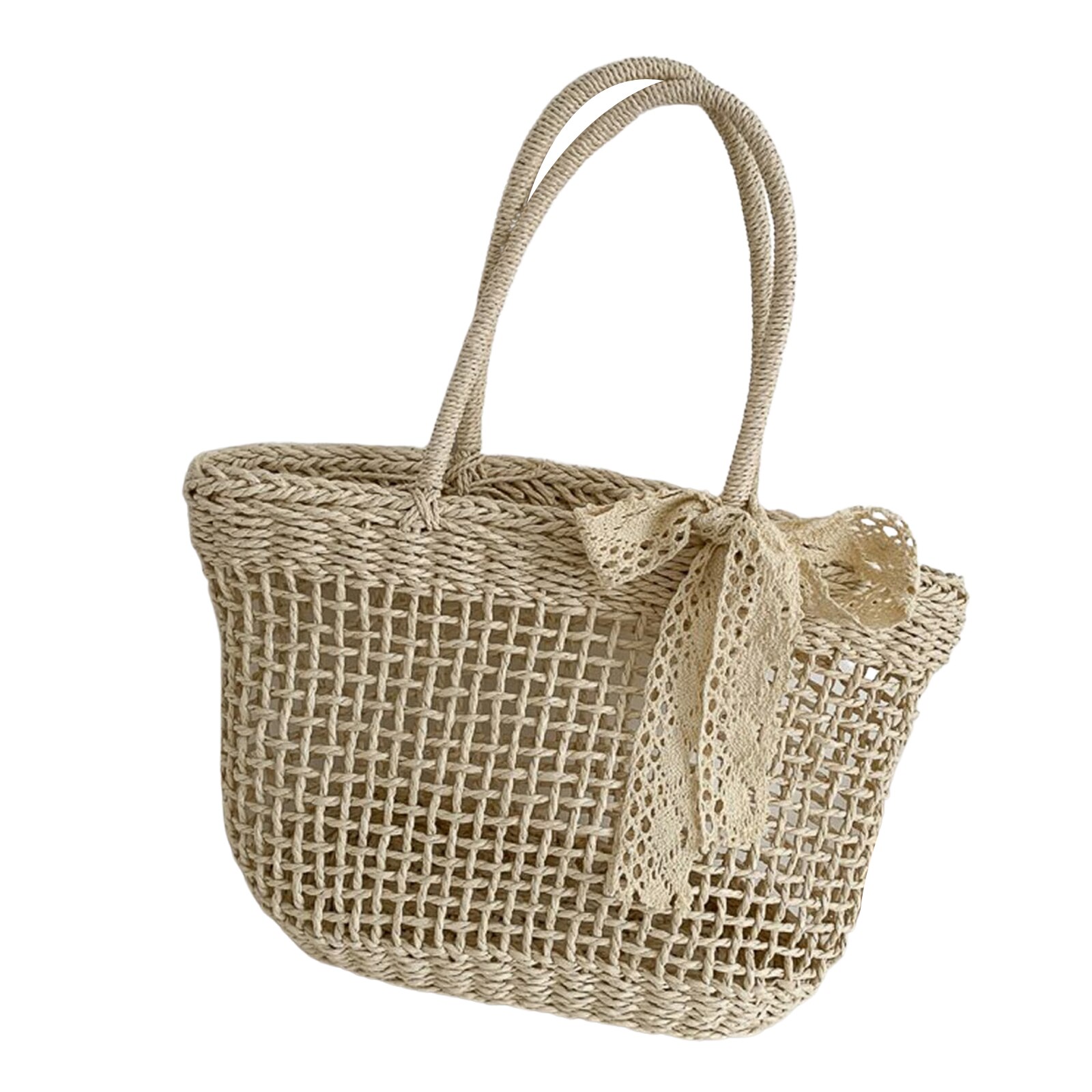 Bolsa de vime feita à mão, de palha, rattan, feminina, verão, vazada, bolsa de ombro cruzada, com laço, borlas: E