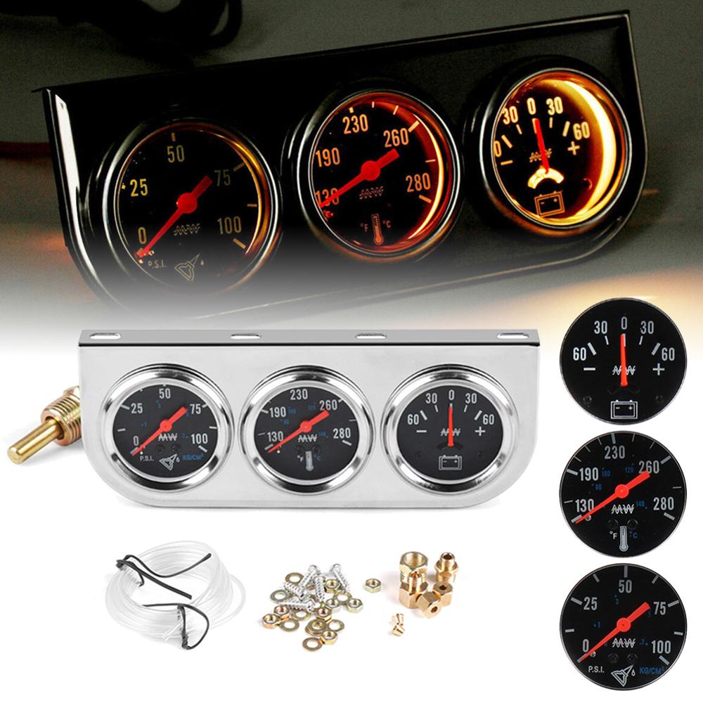 2inch 52mm Chrome Panel Oil Pressure Gauge Set 16" Gauge 0-80 PSI Water Temp Gauge Amp Meter Triple Gauge Set
