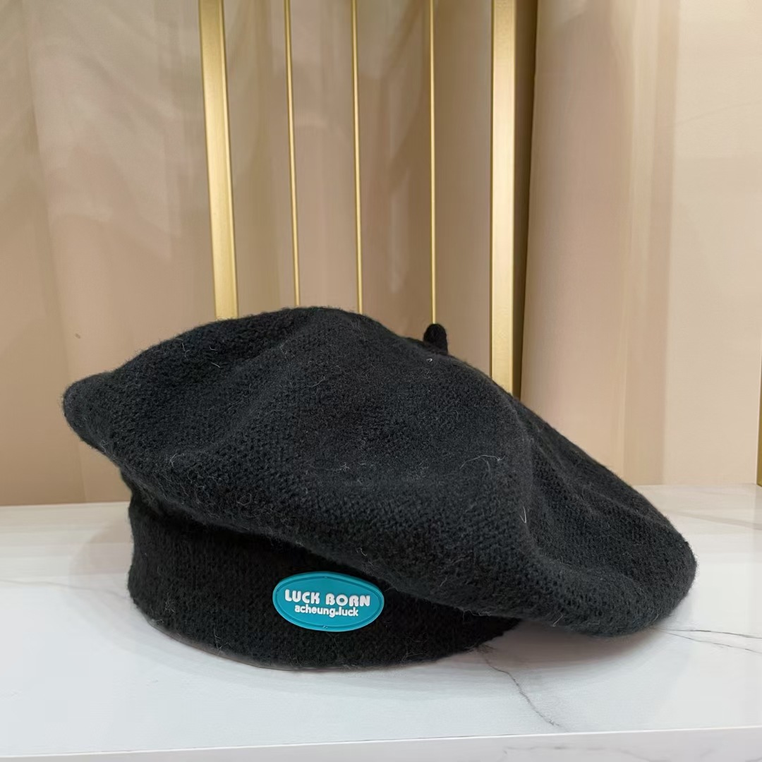 Béret tricoté avec écusson jaune Ins pour femme, chapeau de peintre japonais octogonal, rétro, , nuage, automne et hiver: Black