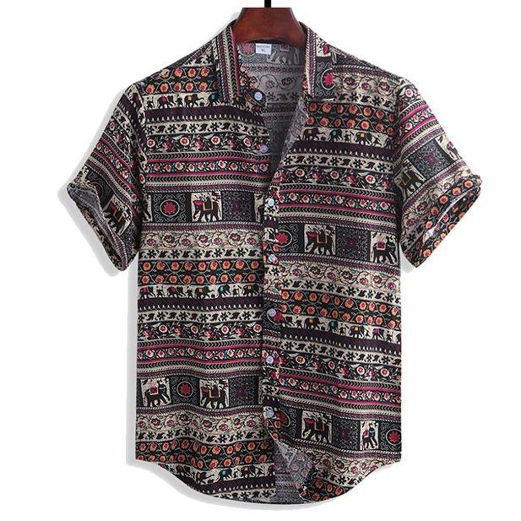 Summer Men Ethnic Style Printing Short Sleeve Casual Cotton Linen Hawaiian Shirt Blouse Plus Size 5xl Camisa Masculina Hombre