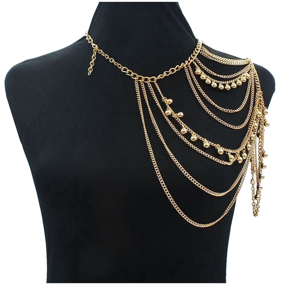 Ton or harnais multicouche avec clochettes collier amour roches épaule drapé