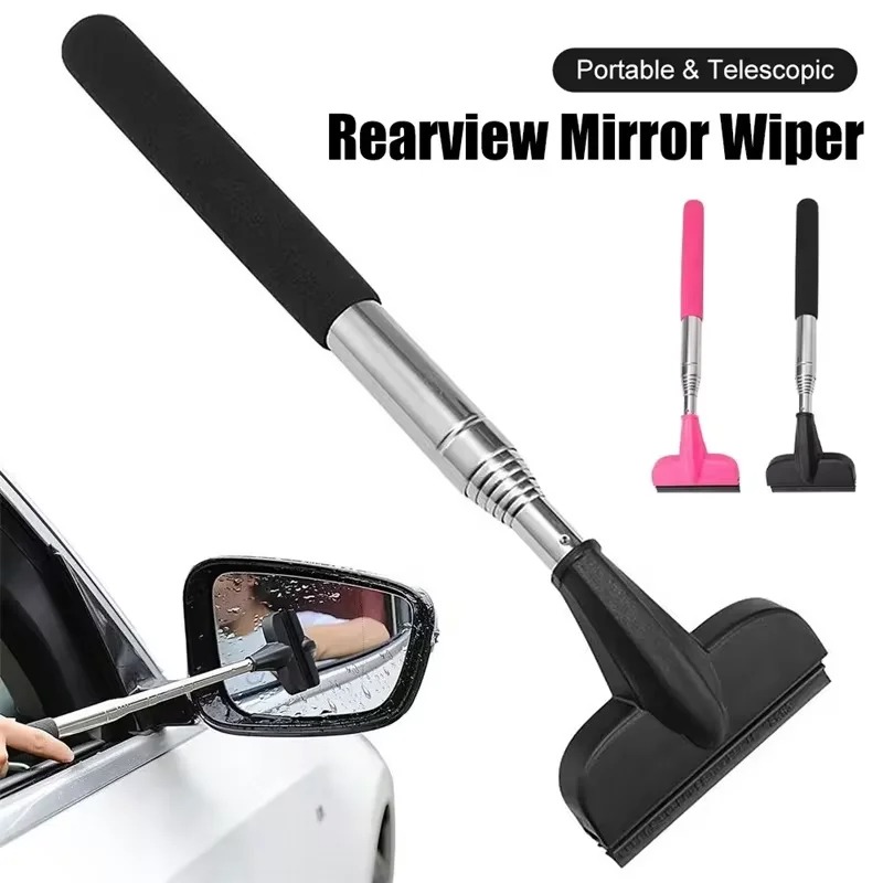 1/2 Pcs Rearview Mirror Wiper Telescopic Handle Rubber Scraper Cleaning Tool Car Rearview Mirror Wiper