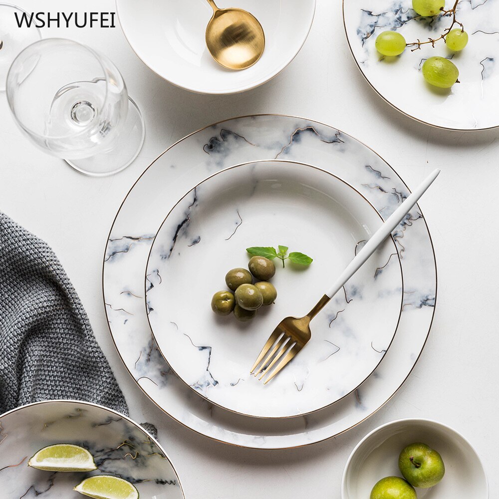 Marble Stripe Large Round Ceramic Plate Western Steak Pasta Salad Fruit Dessert Cake Storage Tableware