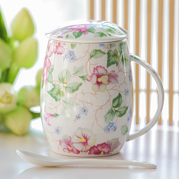 Fresh garden style Bone China Mug Country Style Milk mug Safe No Lead Anvanced Ceramic Coffee with Spoon with Lid
