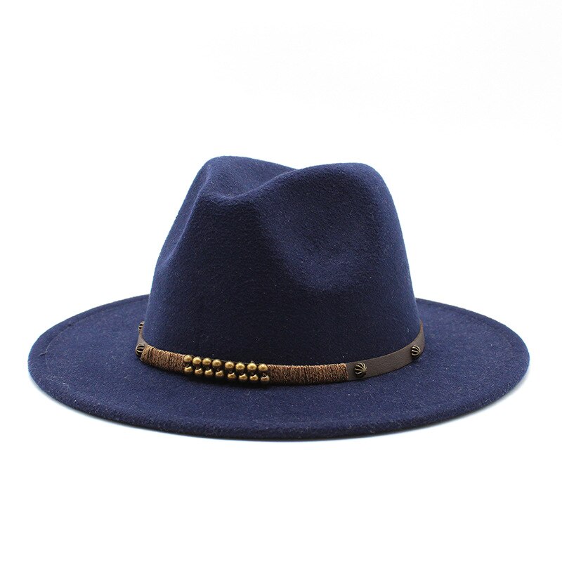 Women Men Wool Vintage Gangster Trilby Felt Fedora Hat Wide Brim Leopard Belt Gentleman Lady Winter Autumn Jazz Cap: Navy