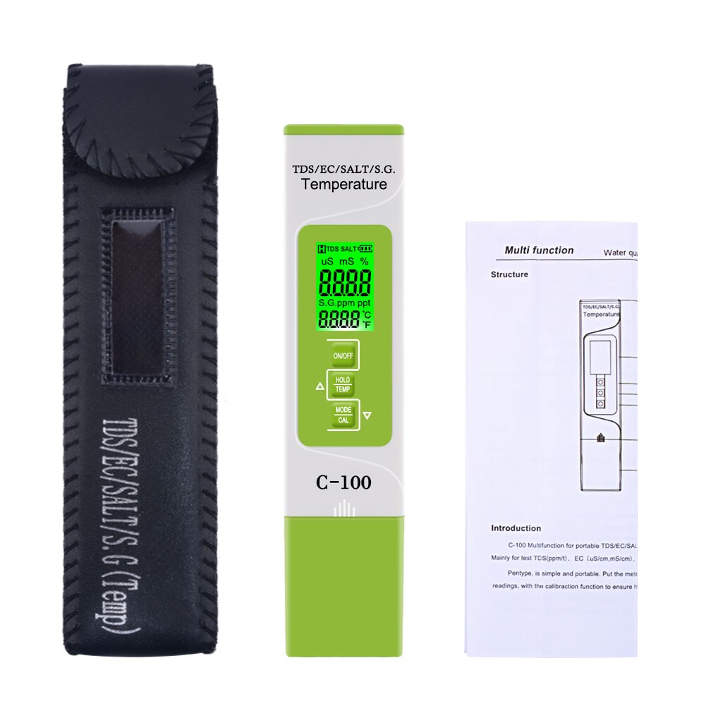 5 in 1 TDS/EC/Salinity/S.G/Temperature Meter Water Purity Digital Multifunction Tester Monitor for Drinking Water Food: C-100