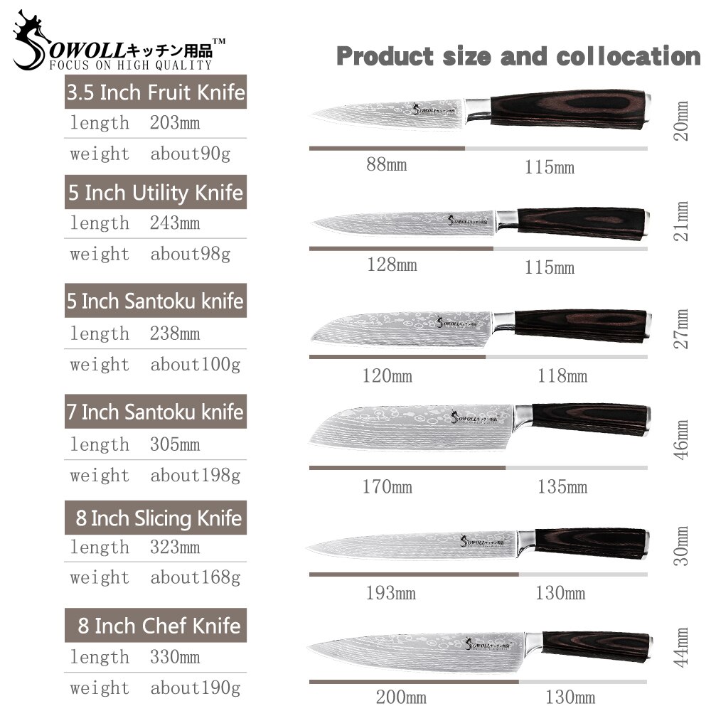 Sowoll Stainless Steel Cooking Knife Damascus Pattern Blade Chef Slicing Santoku Utility Paring Knife Camping Cooking Tools