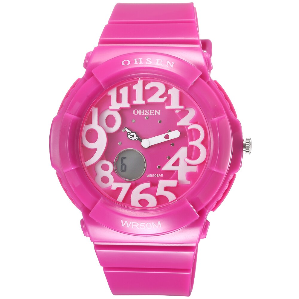 Ohsen digitaal quartz kinderhorloge voor meisjes, waterdicht, outdoor sporthorloge voor jongens, zwart siliconen dameshorloge: Rozenrood polshorloge