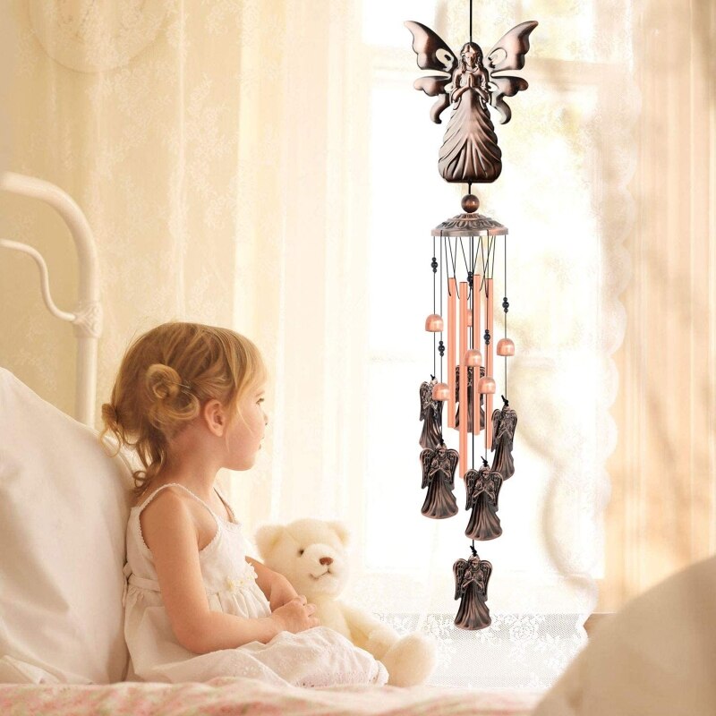Plating Metal Angel Wind Chime and Hook Angels Wings Pipe Hanging Ornament