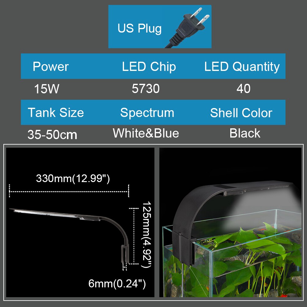 Senzeal Aquarium LED Beleuchtung Super Dünne X9 Clip-auf Aquarium Licht 15W 2000LM Hellsten Aquarium Lampe AU/EU/uns-stecker 110-240V: Schwarz-uns-110V