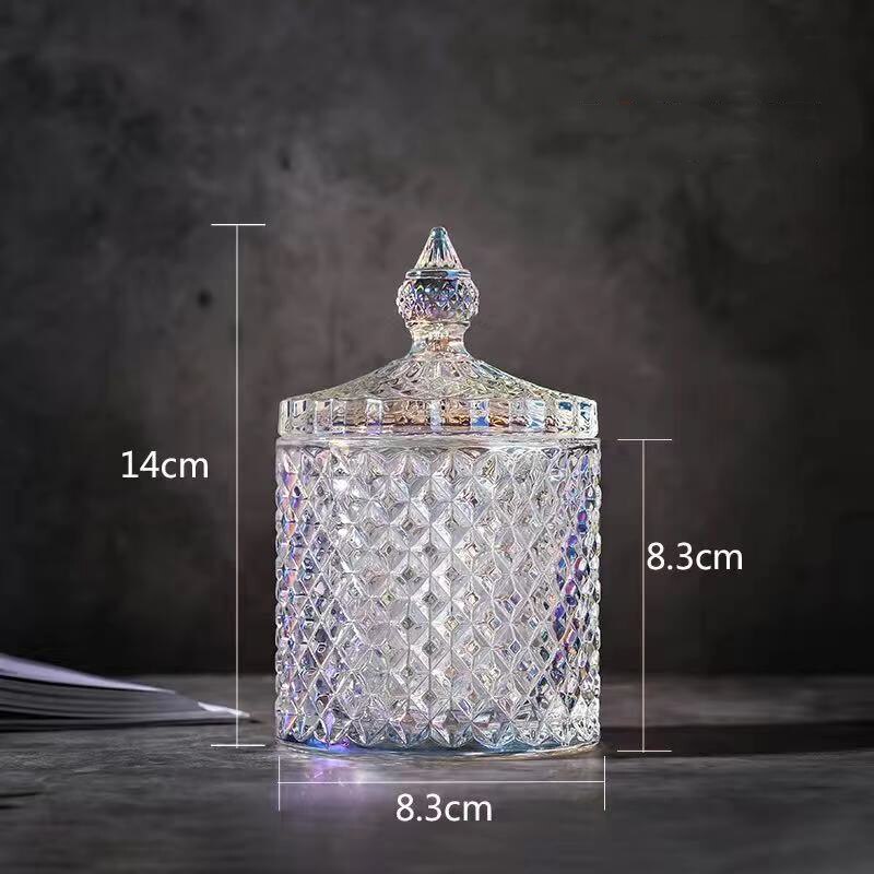 Tarros de cristal con tapa, latas de azúcar en lata de cristal, caja de dulces de diamante, recipiente para bastoncillos, almohadilla de algodón, recipiente de vidrio para almacenamiento doméstico: D