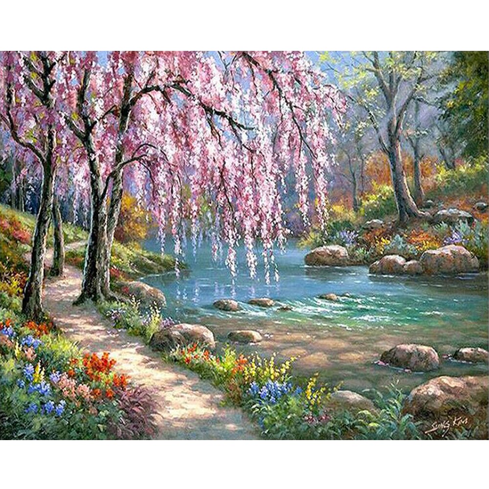 Oil Painting By Numbers Kit Home DIY Paint On Canvas Spring Riverside scenery