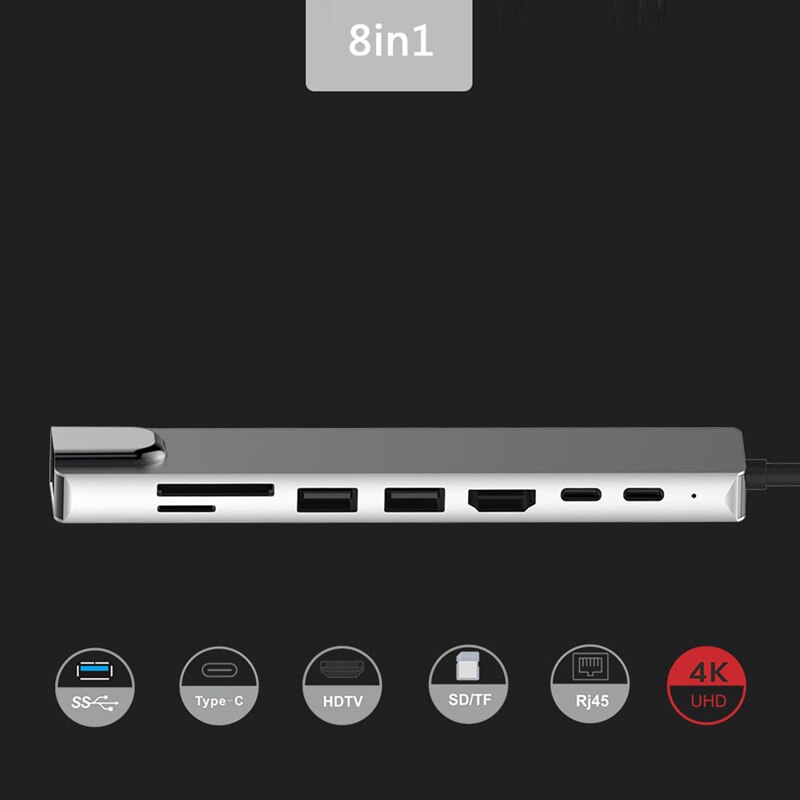 8 in 1 usb 3.0 höghastighetsportar typ-c hub usb-c  to 4k 30hz hd laptop  rj45 gigabit ethernet nätverk pd hub