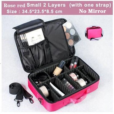 Vrouwen Professionele Nylon Make-Up Case Draagbare Reizen Schoonheidsspecialist Case Cosmetische Organizer Case Box Met Spiegel Schoonheid Koffer: Rose red S 2 Layers