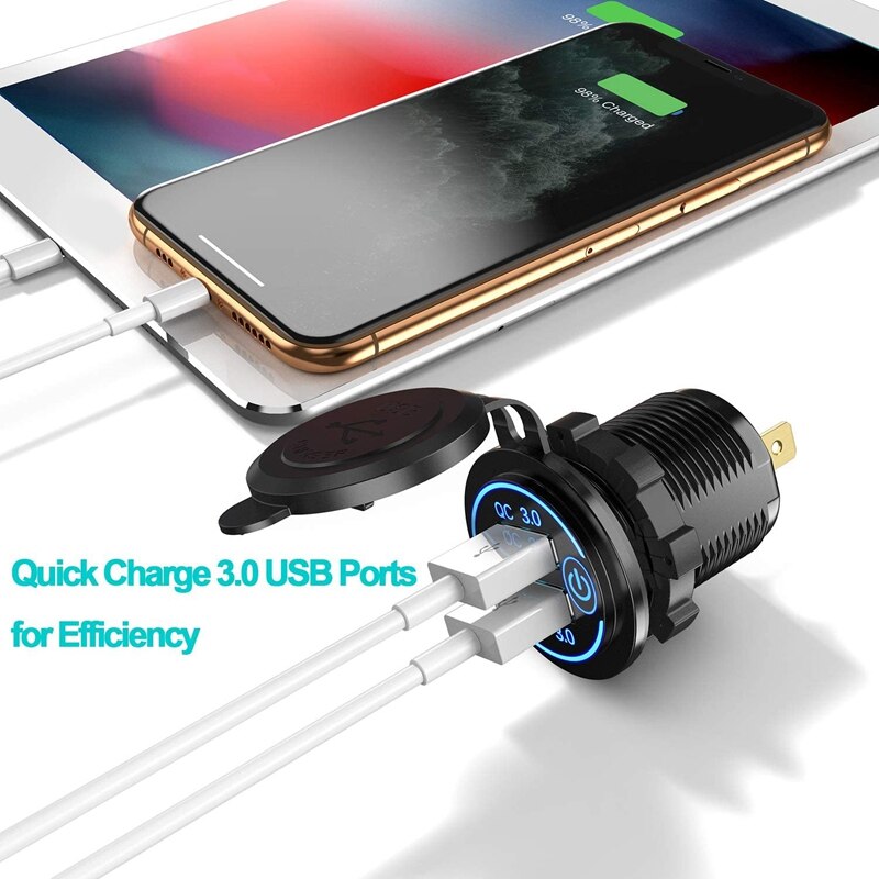 Quick Charge 3.0 Dual USB Car Charger 12V 36W USB Fast Charger with Switch for Boat Motorcycle Truck Golf Cart