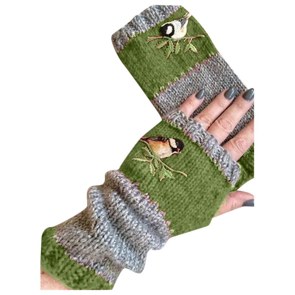 Women's Embroidered Fingerless Gloves Knitting Gloves Opera Little Bird Warm Glove Multicolor Winter Mittens for lady рукавиці