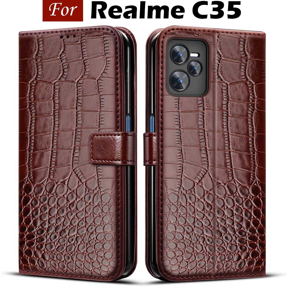 Realme  c35 hoesje rmx 3511 magnetische portemonnee flip leren boekhoesje voor oppo realme  c35 telefoonhoesje  c 35 realmec 35 cover etui kaart: Donkerbruin