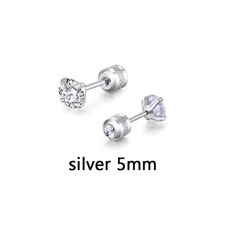 1 Pair 3-6mm Stud Earrings Set Hypoallergenic Double Round Cubic Zirconia Stainless Steel CZ Girls Women Earrings: silver 5mm