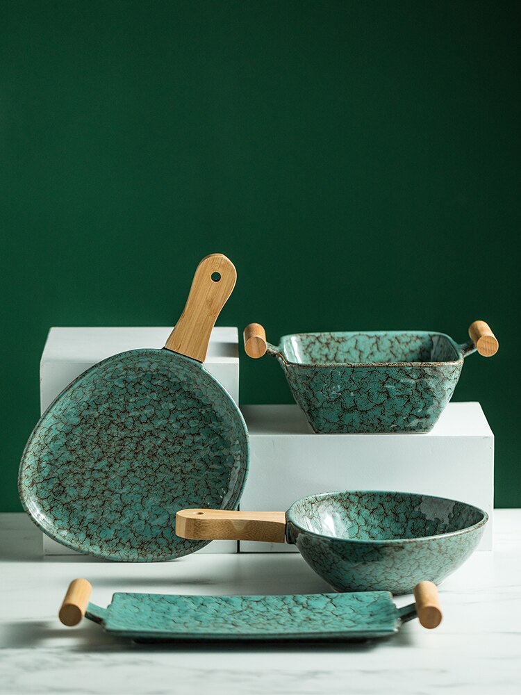 Retro Ceramic Dinner Plate with Wooden Handle Deep Dish Personality Household Restaurant Suchi Plate Ceramic Salad Bowl