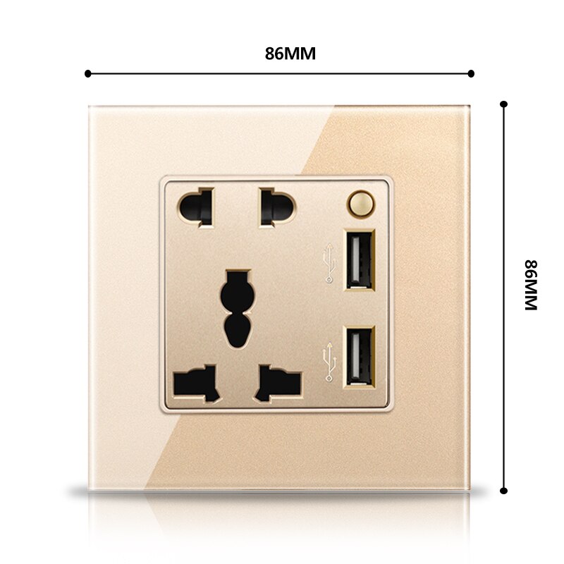 G11 13A universal 5-hole 2usb socket with one switch toughened glass panel wall socket grounding household power socket home dec: gold