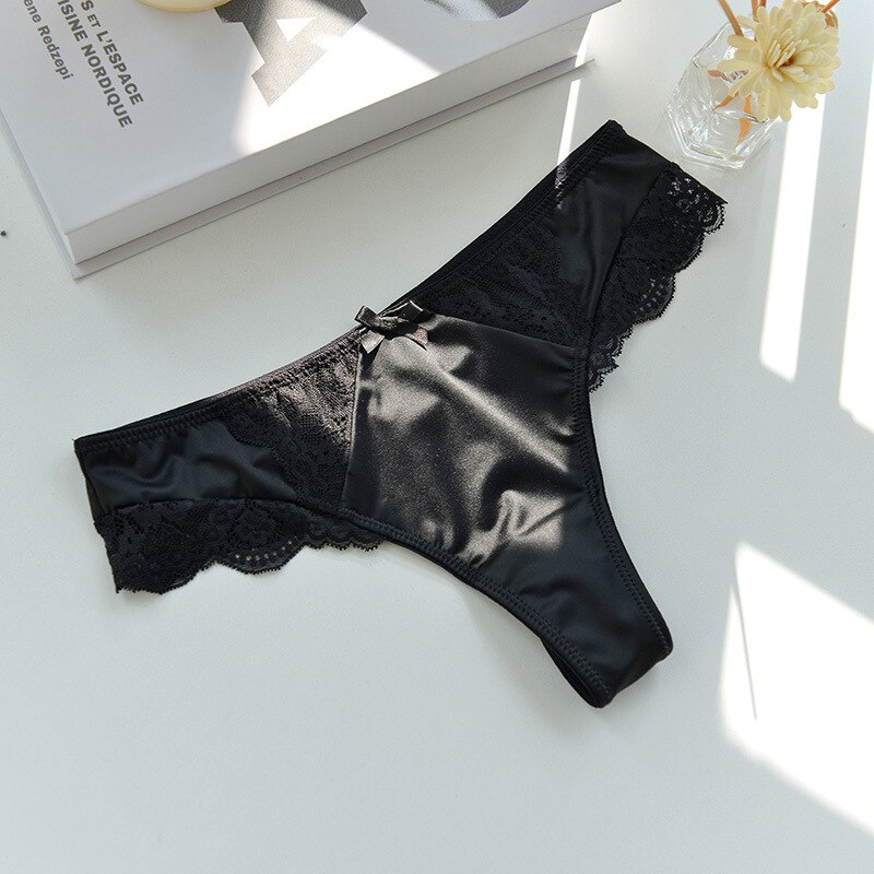 High-end Silky Underwear Women Thongs Hollow Lace Seduction Triangle Satin Medium Low-waisted Sexy T-less Women's Panties: Black / M