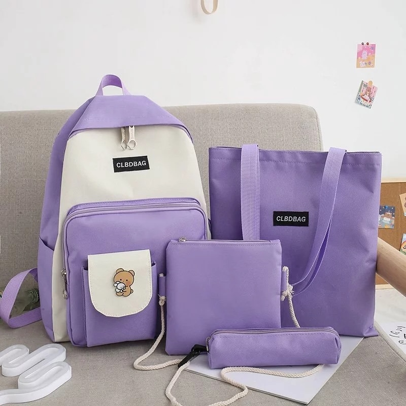 4 stykke sæt high school tasker til teenage pige lærred rejse rygsæk kvinder bogsække studerende skoletaske – Grandado