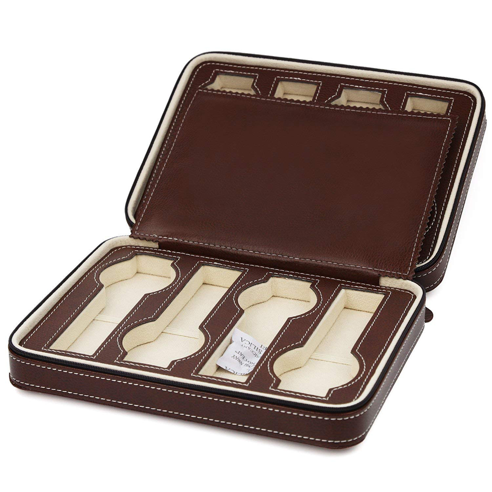Draagbare Pu Lederen 2/4/8 Slot Horloge Doos Display Case Opslag Horloge Organizer Houder Rits Prachtige En Duurzaam Te minnaar D30: Brown 8 Slots