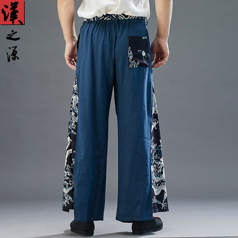 Chino pantalones de harén de los hombres dragón Oriental-pierna Retro de algodón de lino de carga pantalones holgados sueltos de encaje pantalones de Kung Fu