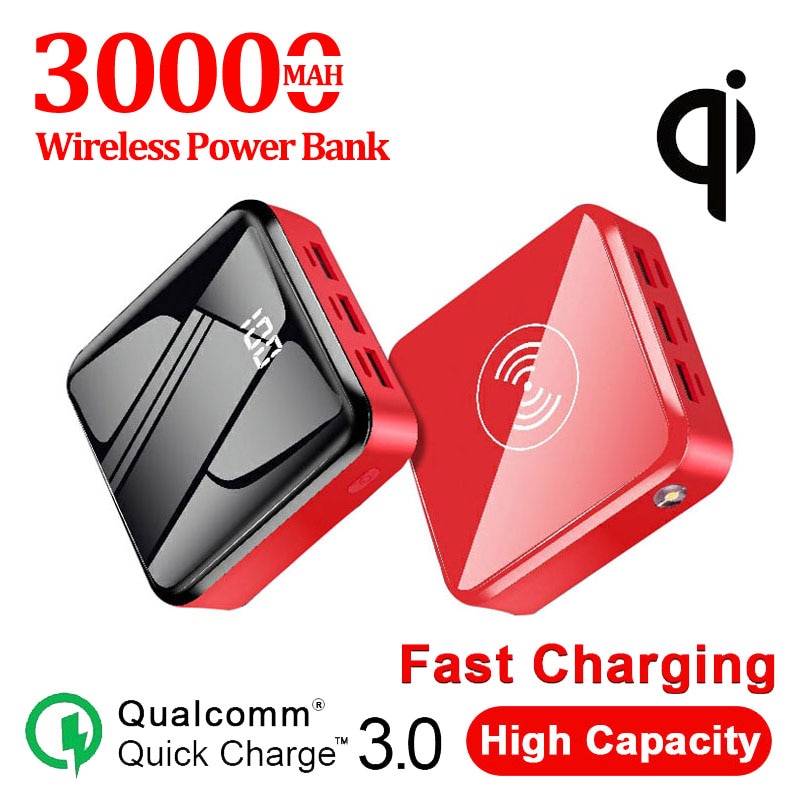 30000mAh QI kabellos Energie Bank 3 USB Digital Anzeige LED-leuchten Externe Batterie Tragbare Schnelle Ladegerät für Iphone Samsung