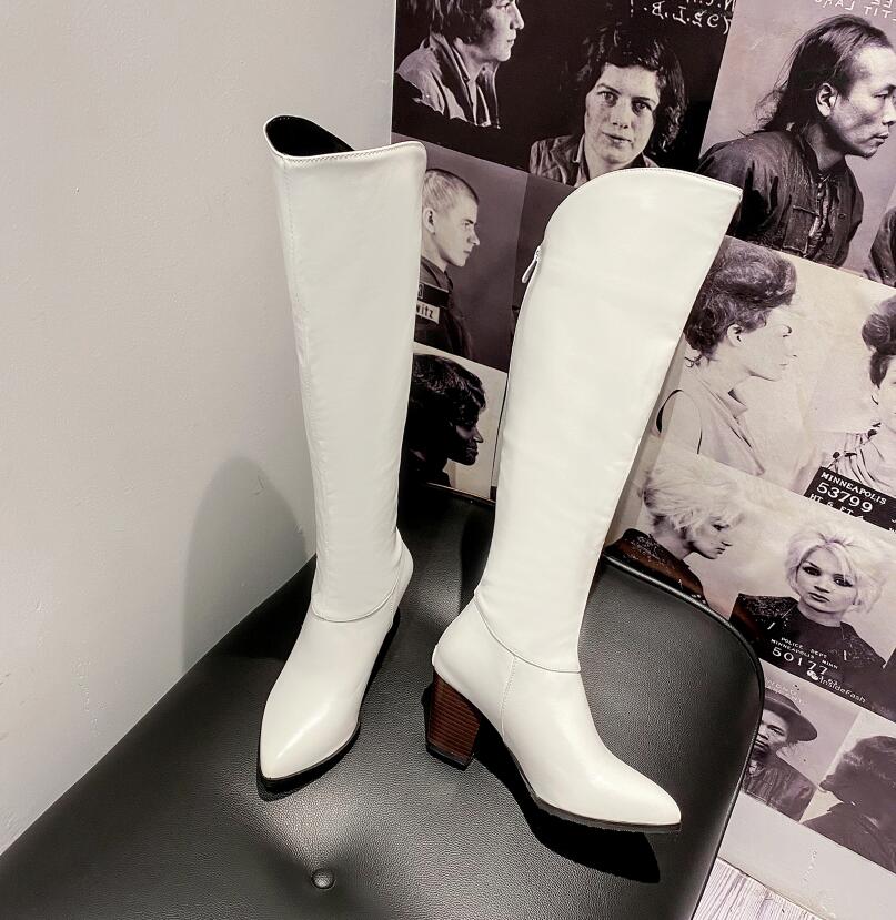 Westerse Laarzen Vrouwen Knie Hoge Cowboy Laarzen Mode Wees Teen Naaien Schoenen Vrouwelijke Hoge Hakken Dikke Schoenen Dames Herfst AB792: WHITE / 4.5