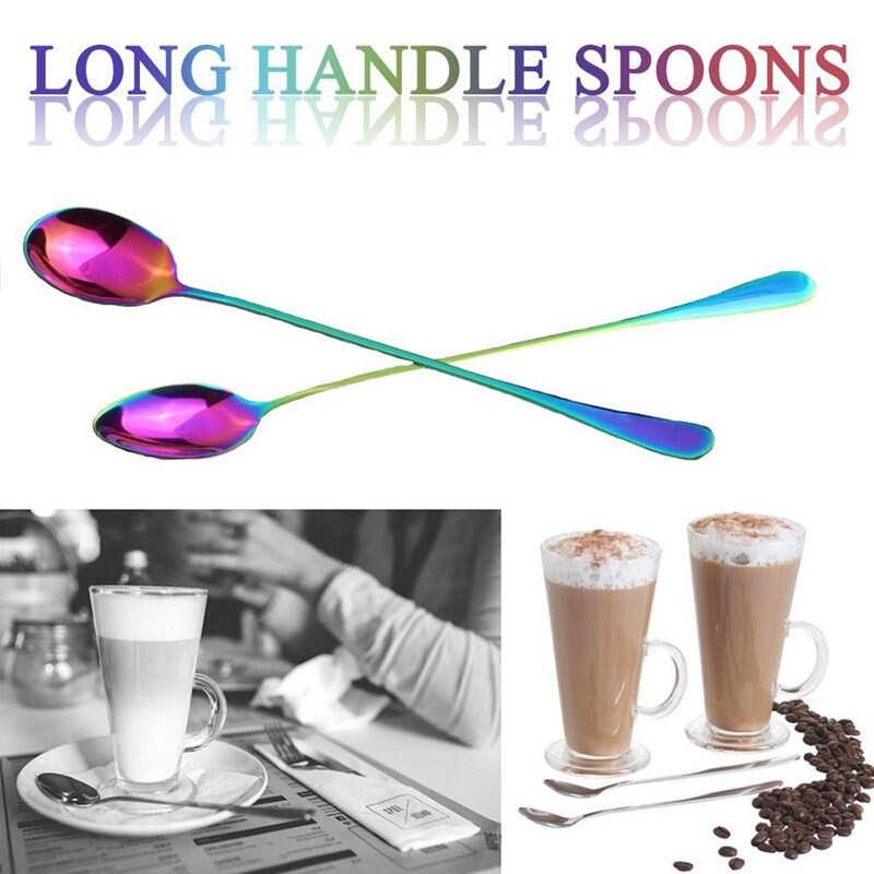 Coffee Teaspoons, Set of 6 Rainbow Color Coffee Spoon Long-Handle Ice Cream Desert Spoon Cocktail Stir Spoons Mixing Spoon, Poin