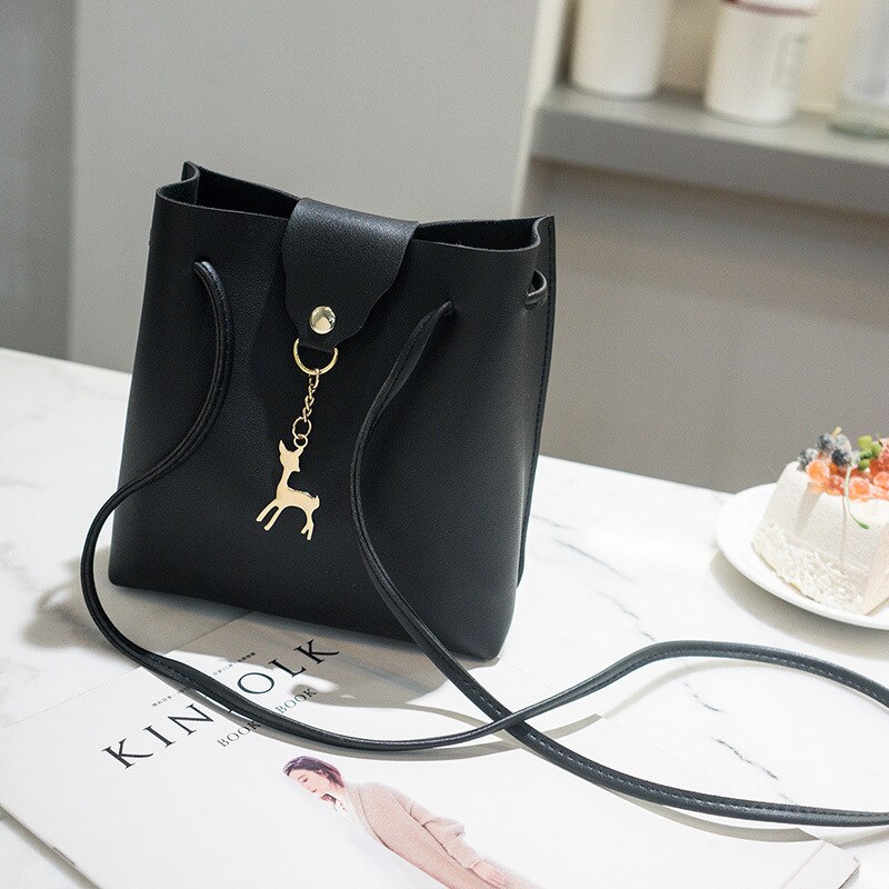 Spring Small Bucket Bag Women Deer PU Leather Shoulder Bag Female Wild Beam Crossbody Bag: Black