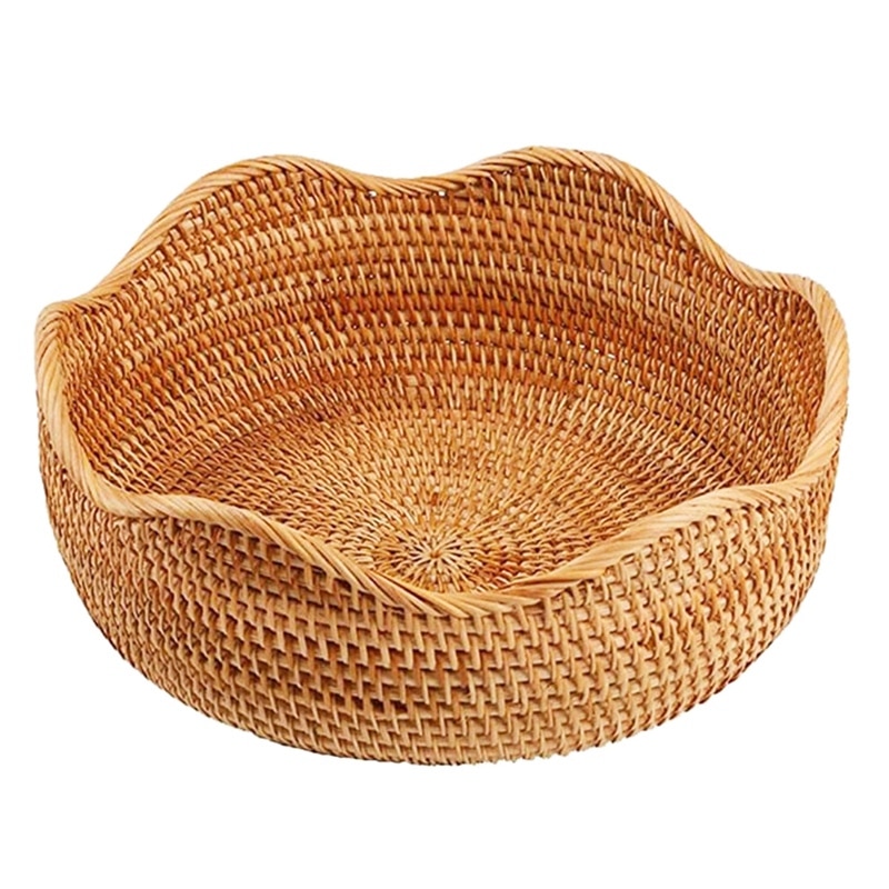Handmade Rattan Round Fruit Basket Food Storage Bowls Kitchen Organizer Snack Serving Bowl (Large 11 inch)