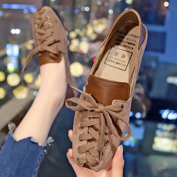 Personality Women Shoes S Spring Lace-Up Casual Loafers Soft Square Toe Flats for Women Shoes Black Loafers Women: Brown / 7.5