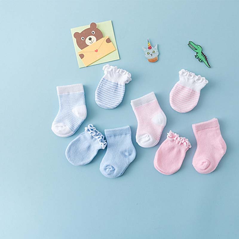 Cotton Infant Baby Socks +Lace Anti-Scratch Gloves Socks Blue /Pink 4pair (two Pairs Gloves Two Pairs Socks) F