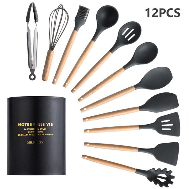 Batterie de cuisine en silicone avec poignée en bois Ensemble de cuisine Ensemble de batterie de cuisine Batterie de cuisine antiadhésive Accessoires de cuisine avec boîte de rangement en acier inoxydable: BLACK-12PCS