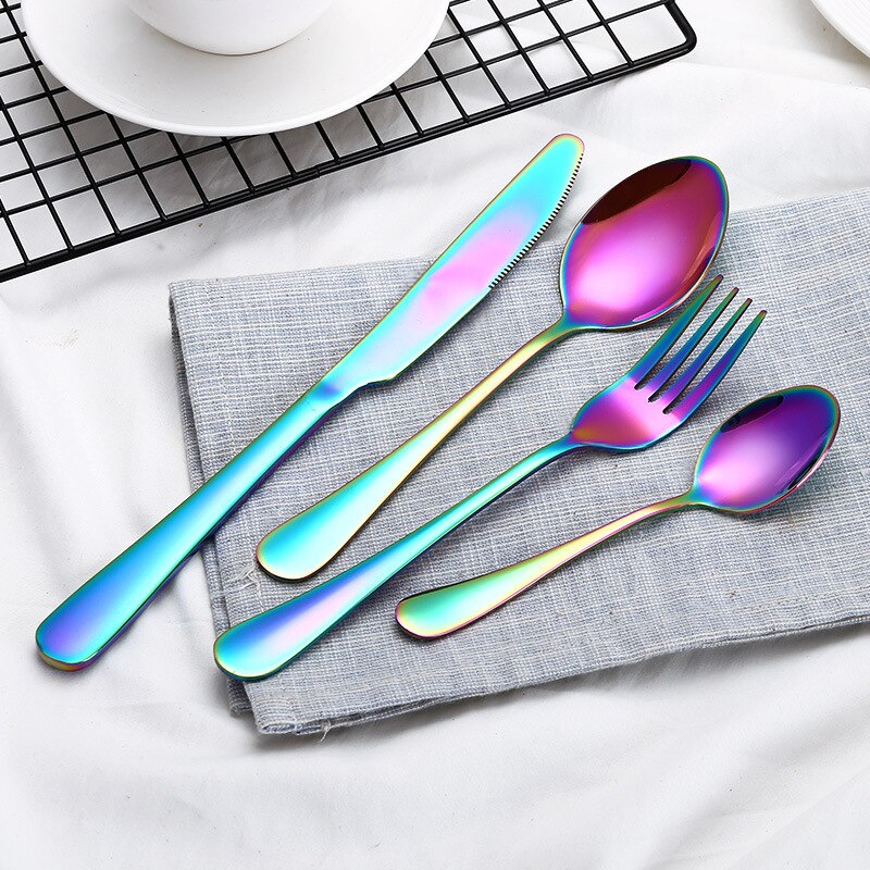Black Gold Cutlery Set 18/10 Stainless Steel Fork Spoon Knife Set Mirror Tableware Set Portable Kitchen Spoon Silverware Set: rainbow